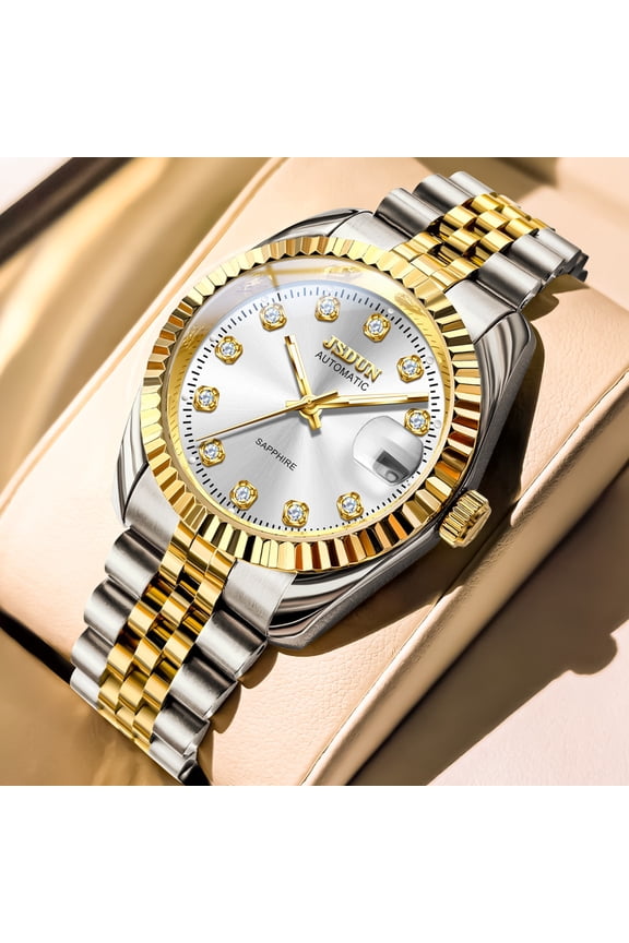 Automatic Watches for Men Self Winding Mechanical Multifunction Date Luminous Fashion Dress Luxury Style Stainless Steel Strap Reloj Para Hombre Golden White/Golden Dial