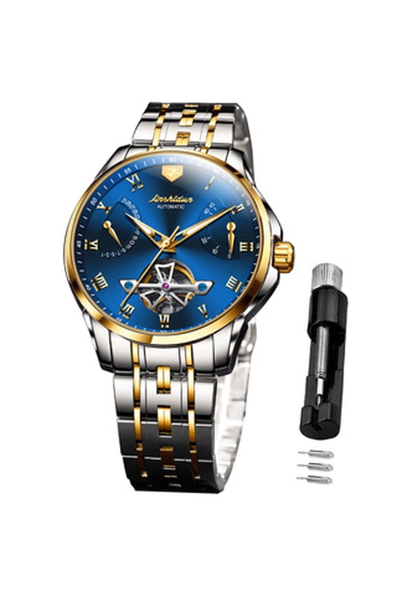 JSDUN Multifunction Watches for Men Self Winding Skeleton Mechanical Automatic Flywheel Stainless Steel Strap Plated Golden Luxury Dress 5-Hands Roman Numeral Classic Luminous Reloj Para Hombre