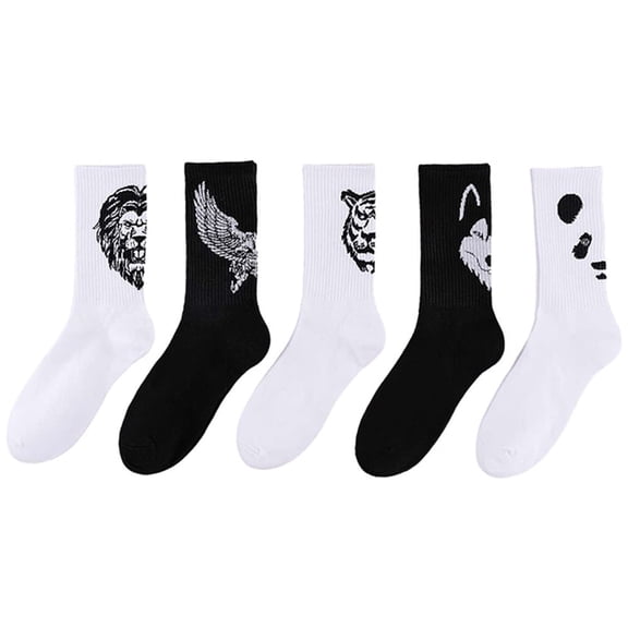 JSEMOY Crew Black and White Animal Pattern Cotton Blend Socks, 5 Pack