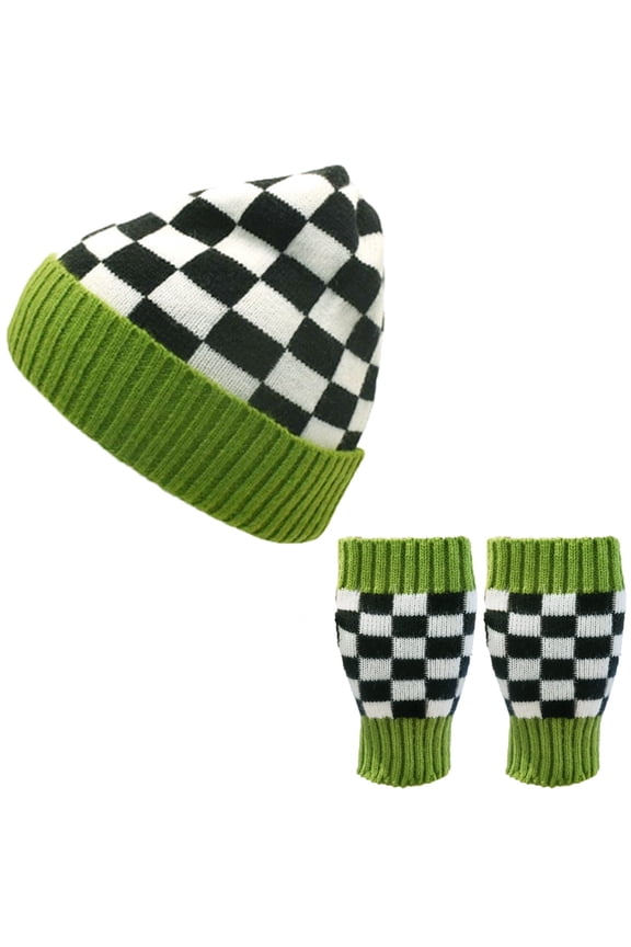 Unisex Knitted Checkered Hat and Glove Set, Green, 2-Piece