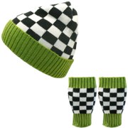 JSEMOY Unisex Knitted Checkered Hat and Glove Set, Green, 2-Piece