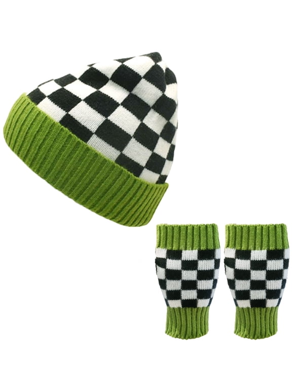 Unisex Knitted Checkered Hat and Glove Set, Green, 2-Piece