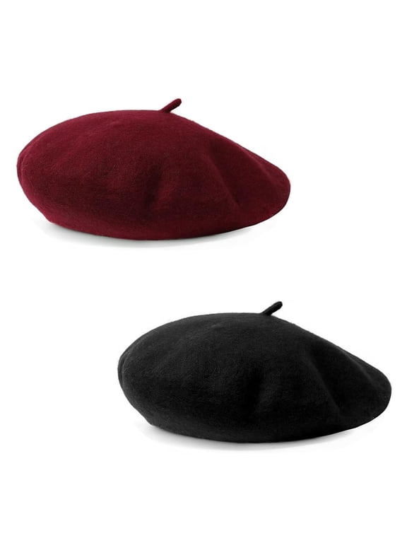 Women French Wool Beret Hats, Solid Color Classic Beanie Winter Cap, 2Pack