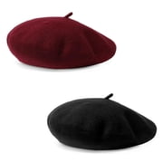 JSEMOY Women French Wool Beret Hats, Solid Color Classic Beanie Winter Cap, 2Pack