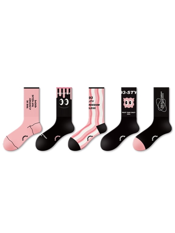 Women's Crew Socks Pink Black Patterned Cotton Blend, 5 Pack