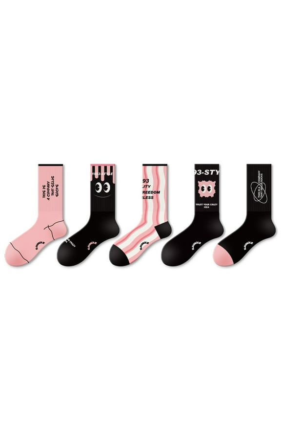 Women's Crew Socks Pink Black Patterned Cotton Blend, 5 Pack