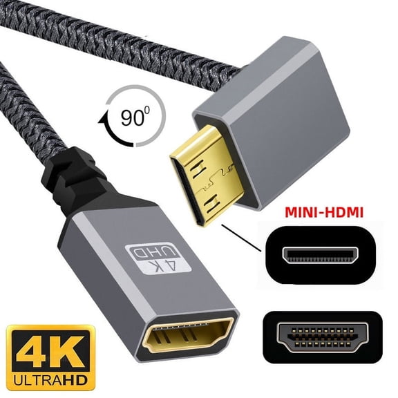 JSER 4K Type-C MINI HDMI 1.4 Male 90 Degree Up Angled to HDMI Female Extension Cable for DV MP4 Camera DC Laptop