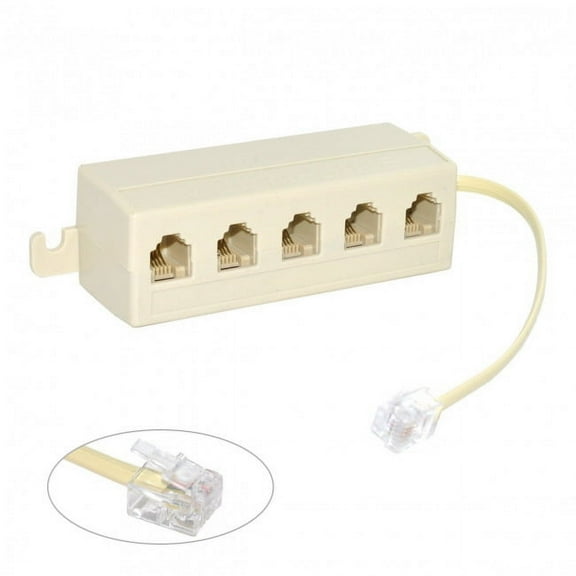 JSER 5 Way Outlet 6P4C RJ11 RJ12 Telephone Phone Modular Jack Line Splitter Adapter Beige 1-in-5-out