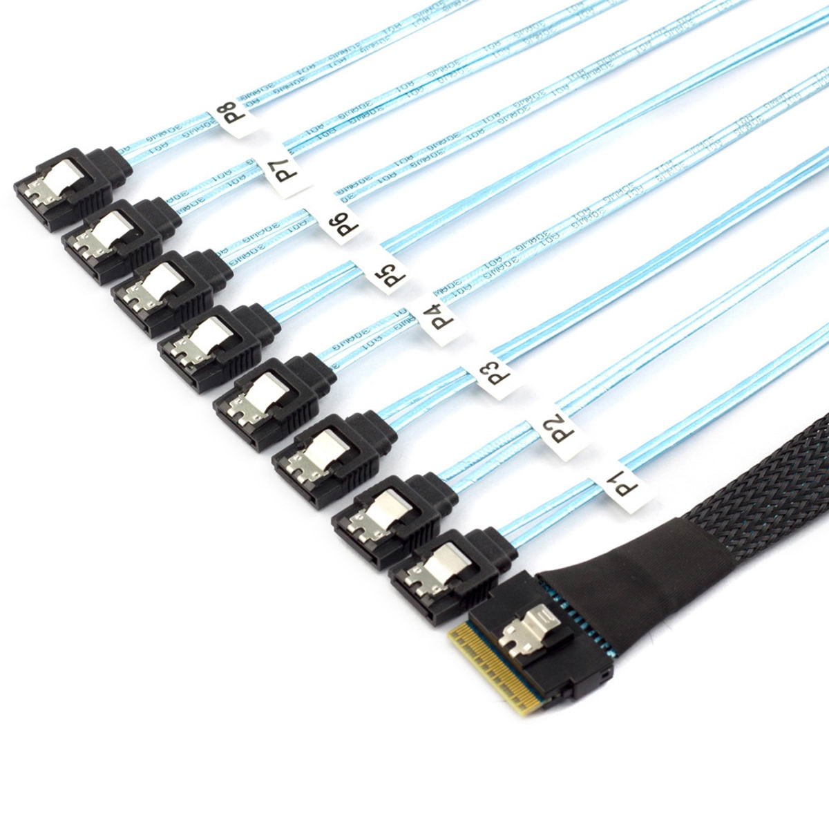 JSER 50CM Slimline SAS 4.0 SFF-8654 8i 74pin Host Raid to 8 SATA 7pin Target Hard Disk Fanout Raid Cable 1-to-8 Splitter
