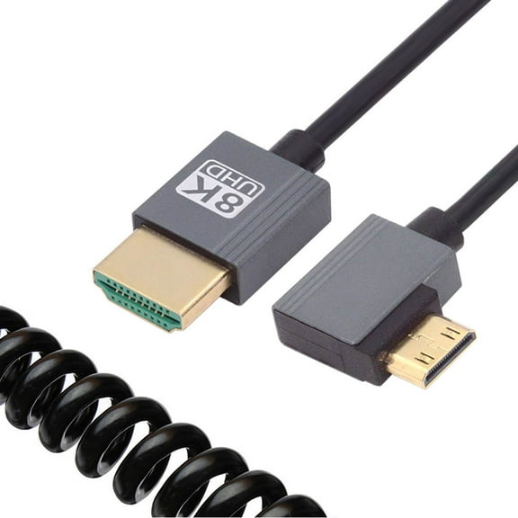 JSER 90 Degree Right Angled Mini HDMI 2.1 Male to HDMI Male 8K 60hz Stretch Coiled Cable 100cm for HDTV Computer Laptop Monitor