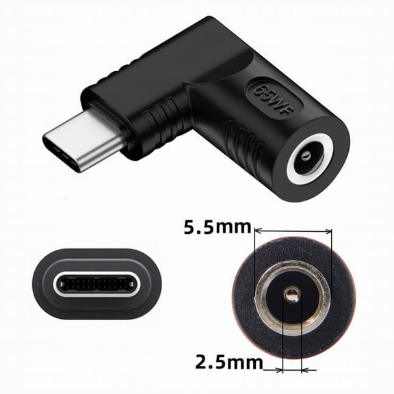 JSER DC Jack 5.5x2.5mm Input to USB-C Type-C Angled 90 Degree Power Plug Charge Adapter for Laptop Phone