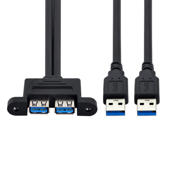 JSER Dual USB 3.0 Male to Female Type-A Panel Type Header Cable Horizontal Flat Connector Dual Ports 50cm