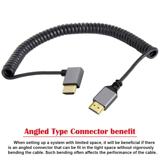 JSER HDMI 2.0 Male to HDMI Male 4K 60hz Stretch Coiled Cable Right Angled 90 Degree for HDTV Computer Laptop Monitor