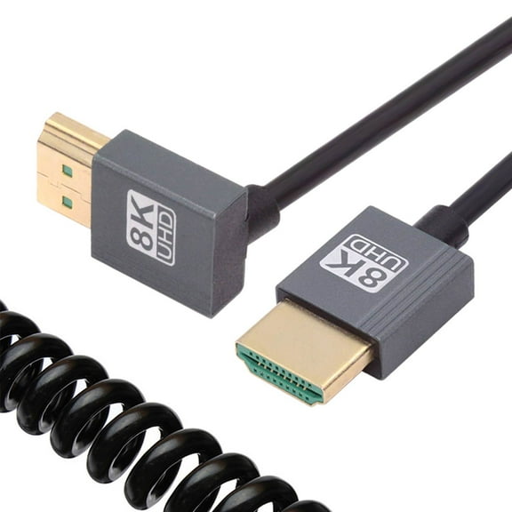 JSER HDMI 2.1 Male to HDMI Male 8K 60hz Stretch Coiled Cable Up Angled 90 Degree for HDTV Computer Laptop Monitor