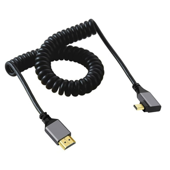 JSER Micro HDMI 2.0 Male to HDMI Male 4K 60hz Stretch Coiled Cable Left Angled 90 Degree for HDTV Computer Laptop Monitor