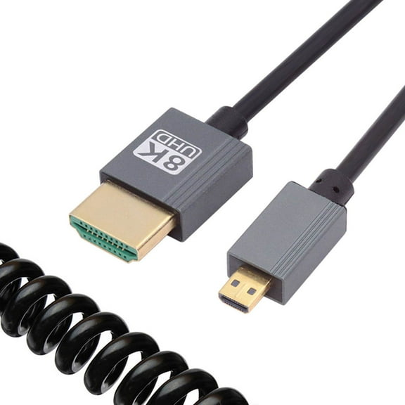 JSER Micro HDMI 2.1 Male Type-D to HDMI Male 8K 60hz Stretch Coiled Cable 100cm for HDTV Camera Laptop Monitor