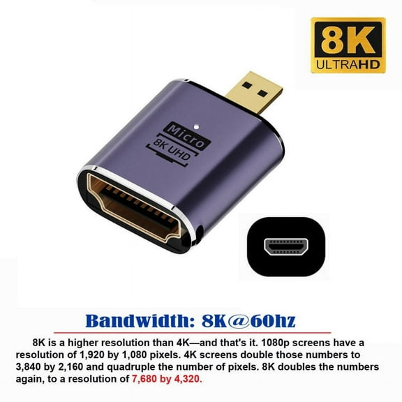 JSER Micro HDMI Male to HDMI 2.1 Female UHD Extension Gold Converter Adapter Support 8K 60hz HDTV