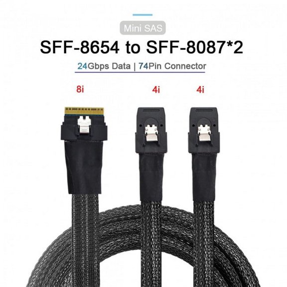 JSER PCI-E Ultraport Slimline SAS Slim 4.0 SFF-8654 8i 74pin to Dual SFF-8087 Mini SAS Cable PCI-Express