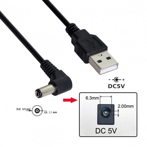 JSER USB 2.0 A Type Male to Right Angled 90 Degree 5.5 x 2.1mm DC 5V Power Plug Barrel Connector Charge Cable