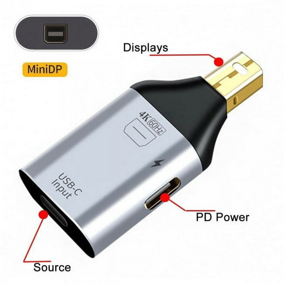 JSER USB-C Type C Female Source to Mini Displayport DP Sink HDTV PD Power Adapter 4K 60hz 1080p for Phone Laptop