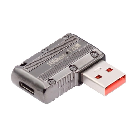 JSER USB-C USB 3.1 Type C Female to USB 3.0 Type-A Male 90 Degree Right Angled Flat Type 10Gbps Data 120W Power Adapter Mecha CYberpunk Style