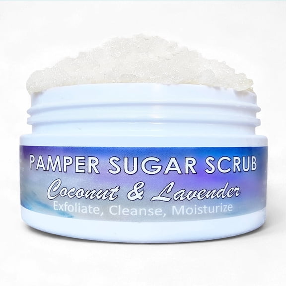 JSFA Pamper Sugar Scrub, Organic Coconut Lavender, All Natural Exfoliant and Moisturizer for Dry Skin, Fine Lines, 4 oz, Made in USA