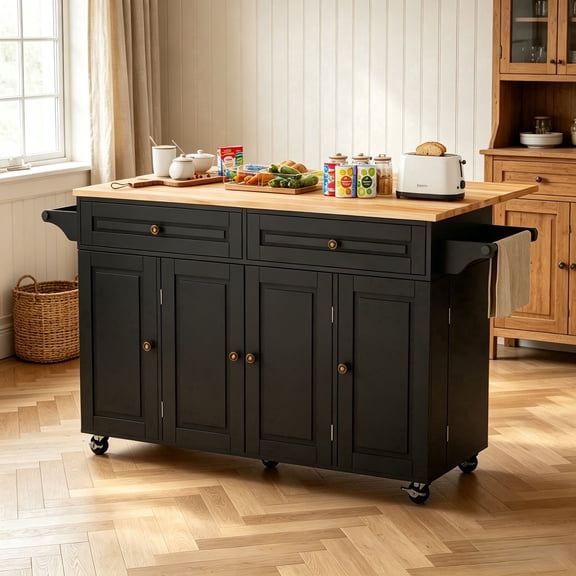 JSFHNTG 59'' Movable Kitchen Island with Storage, with Expandable Countertop, Island Table on Wheels, Black