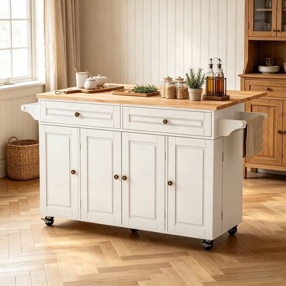 JSFHNTG 59'' Movable Kitchen Island with Storage, with Expandable Countertop, Island Table on Wheels, White