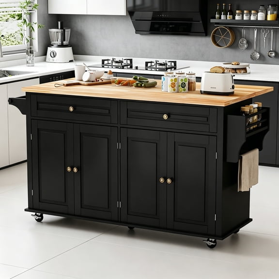 JSFHNTG 67 " Movable Kitchen Island with Storage Cabinet, with Foldable Countertop, Suitable for kitchen, dining room and living room,Black