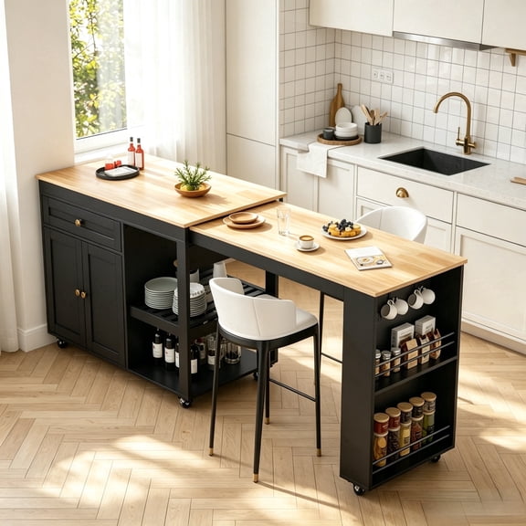 JSFHNTG 77.8'' Rolling Kitchen Island with Expandable Dining Top, with Storage, Space Saving Design for Small Spaces, Black