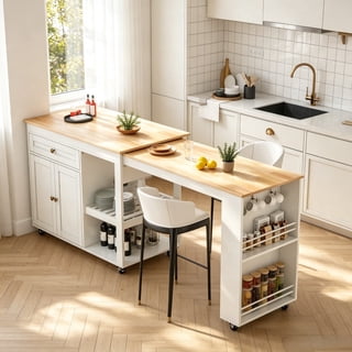 JSFHNTG 77.8'' Rolling Kitchen Island with Expandable Dining Top, with Storage, Space Saving Design for Small Spaces, White