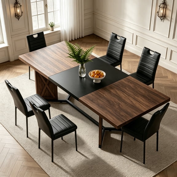 JSFHNTG 78 '' Modern Farmhouse Dining Table for 6-8, Large Rectangle Wooden Kitchen Table with 6 Cushion Chairs, for Kitchen Living Room, Brown
