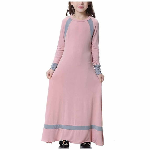 JSGEK 12-13 Years Kids Muslim Girls Dress for Loose Fit Kaftan Maxi Gown Soft Full Length Maxi Dress Fashion Long Sleeve Islamic Dubai Robe Comfort Middle East Prayer Abaya Clothes Regular Fit Pink