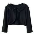 thumbnail image 1 of JSGEK 3-4 Years Kids Fall and Spring Soft Cardigan Comfort Solid Color Front Open Jacket Girls Ruffle Lace Trim Neck Shawl Dress Cover Up Pearl Button Bolero Shrug Regular Fit Black, 1 of 4