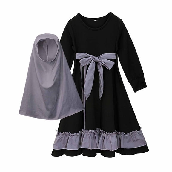 JSGEK 4-5 Years Kids Long Sleeve Islamic Dubai Robe Comfort Regular Fit Fashion Soft Muslim Girls Dress for Loose Fit Kaftan Maxi Gown Full Length Maxi Dress Middle East Prayer Abaya Clothes Black