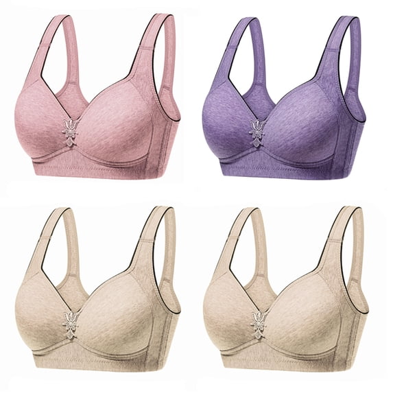 JSGEK 4PC Comfortable Breathable Hollow Out Bra Trendy Wirefree Comfort Solid Color without Steel Ring Gathering Bra Fashion Push up Plunge Khaki XL Bra for Ladies
