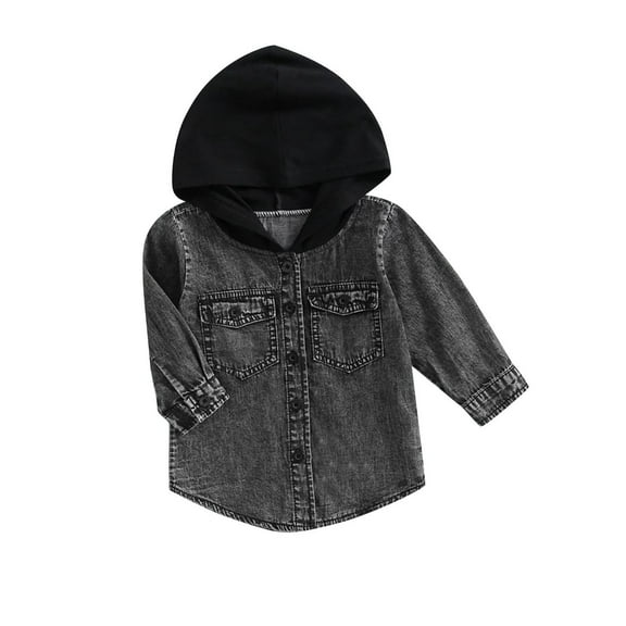 JSGEK Baby Boys Denim Shirt Long Sleeve Button Down Tops Hooded Shirt Kids Winter Clothes Black 12 Months