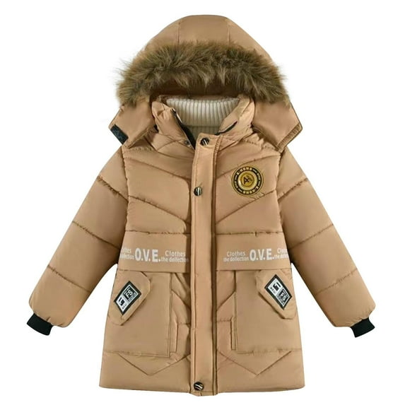 JSGEK Baby Boys Winter Puffer Jacket Warm Faux Fur Hood Thick Coat Kids Winter Clothes Outerwear Snowsuit Toddler Down Jacket Warm Thick Padded Coat Coffee 3 Years