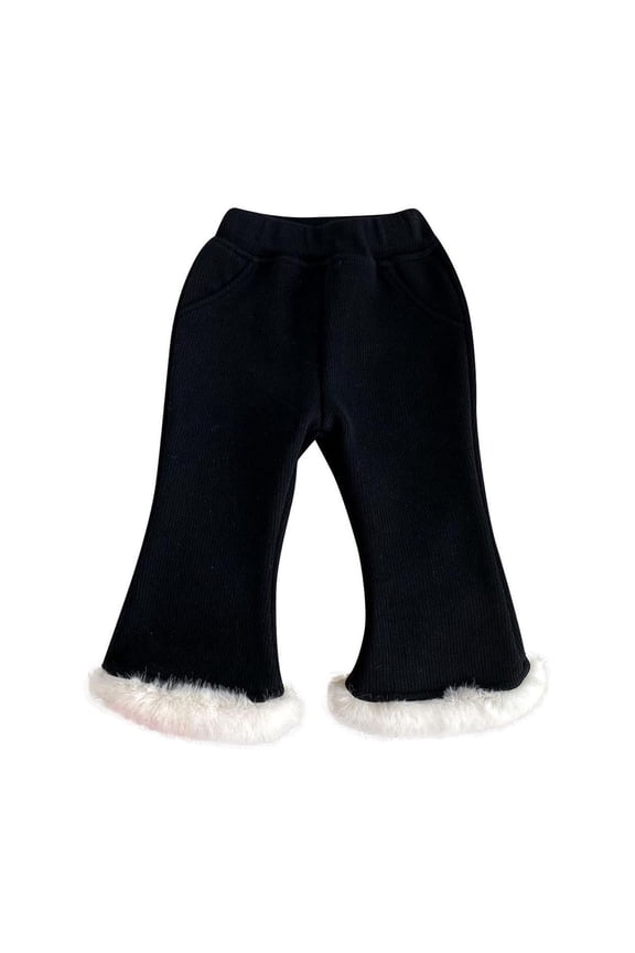 Baby Girls' Ribbed Bell Bottom Pants with Fur Trim Solid Color With Plush Flared Pants Thickened And Warm Black 6 Months