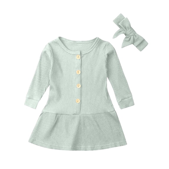 JSGEK Baby Toddler Girl Dresses Infant Long Sleeve Crewneck Button Down Rib Knit Dress with Headband Green 2 Years