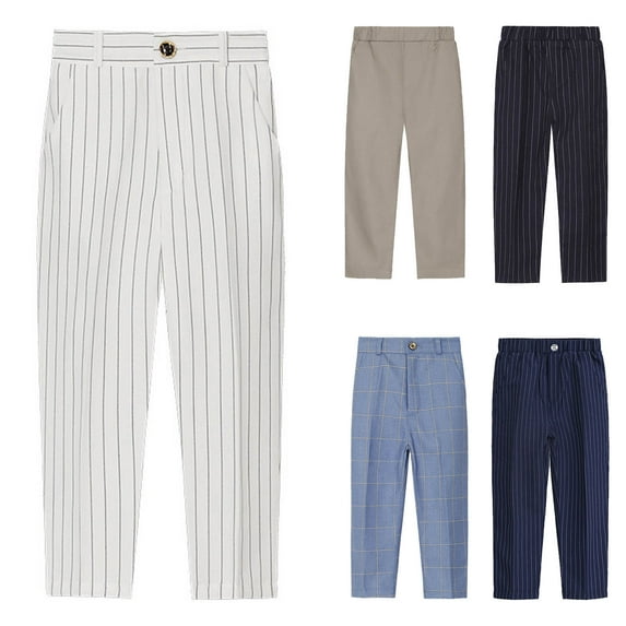 JSGEK Boy's Suit Pants Classic Fit Flat Front Straight Leg Pinstripe Dress Pants Lightweight Soft Casual Pants Navy 100