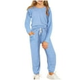 thumbnail image 1 of JSGEK Child Girls' Tracksuit Sets Solid Ruffle Sleeve Round Neck Long Sleeve Top Pants Two-Piece Sports Outfits Jogging Blue 12 Years, 1 of 3