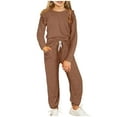 thumbnail image 1 of JSGEK Child Girls' Tracksuit Sets Solid Ruffle Sleeve Round Neck Long Sleeve Top Pants Two-Piece Sports Outfits Jogging Brown 6 Years, 1 of 3
