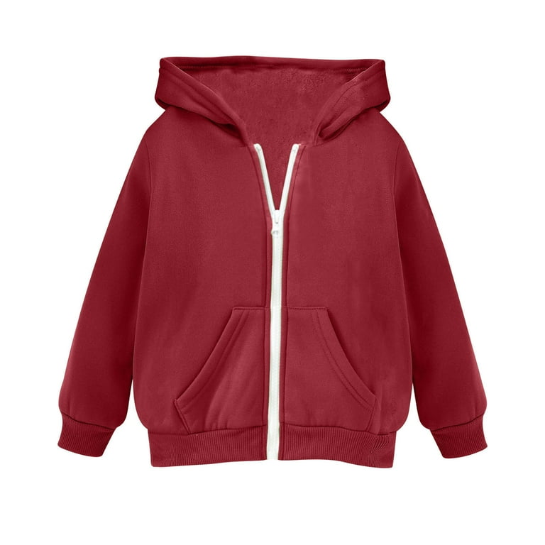 JSGEK Children Fleece Lined Jackets Long Sleeve Hooded Casual Kids Unisex Outwear Solid Color Zip up Sweatshirt Winter Jacket with Pockets Red 7 Years