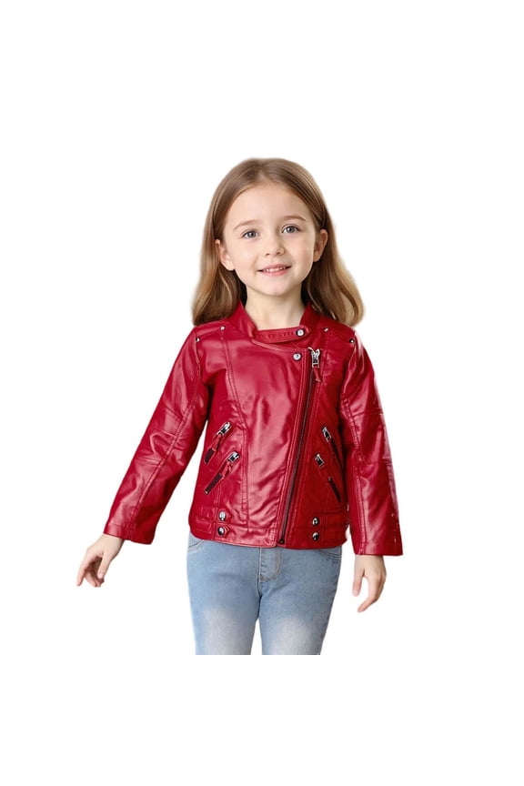 Children's Leather Jacket with Stand Collar and Motorcycle Lining Warm and Comfortable Super Soft Casual Wear for Boys and Girls Perfect for Fall and Winter Events Red 2 Years