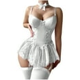 thumbnail image 1 of JSGEK Choker Corset Underwear Lace Sheer Garter Stockings Lingerie Set with Thong 4 Piece Outfits White XXL, 1 of 6