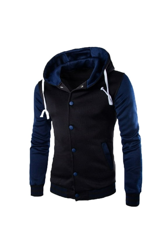 Men's Fashion Casual Hooded Jacket Outdoor Button Down Single-breasted Pocket Patchwork Jacket Tooling Baseball Uniform Jacket with Drawstring Dark Blue XL