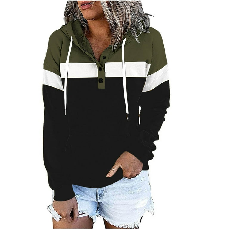 JSGEK Clearance Sweatshirt for Women Color Block Striped Sweatshirts Long Sleeve Shirts Pocket Drawstring Hoodies Casual Button Neck Pullover Womens