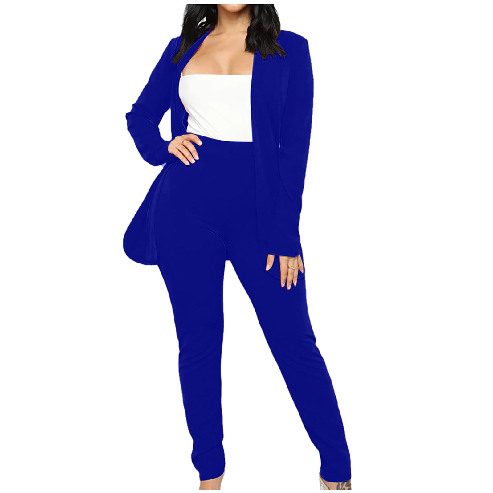 JSGEK Deals 2 Piece Outfits for Women Blazer with Pants Deep V Long Sleeve Slim Fit Ruffle Pelplum Business Suit Blue S Walmart