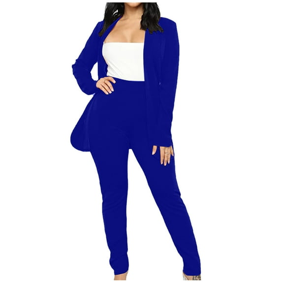 JSGEK 2 Piece Outfits for Women Blazer with Pants Deep V Long Sleeve Slim Fit Ruffle Pelplum Business Suit Blue L